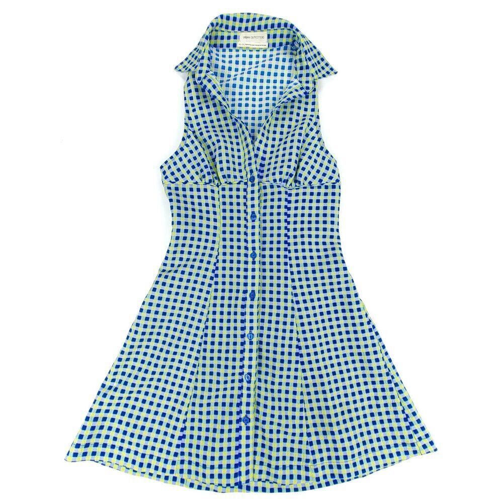 NEW Urban Outfitters Tia Button Front Mini Tennis Shirt Dress Neon Green Gingham